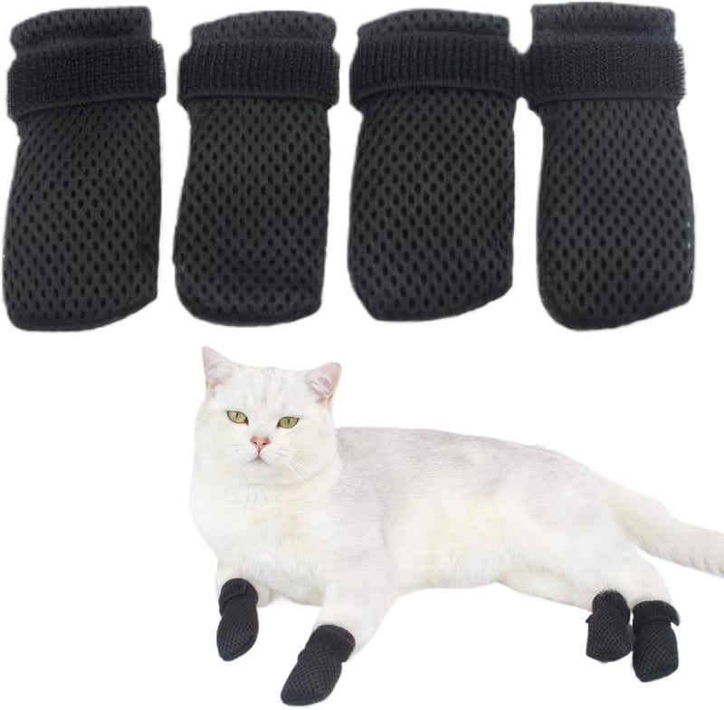 panthra 4 PCS Cat Booties, Cat Mittens to Prevent Scratching, Mesh Breathable Shoes are Adjustable, Suitable for Bathing, Feeding and Trimming Nails (S, Black) - Image 1